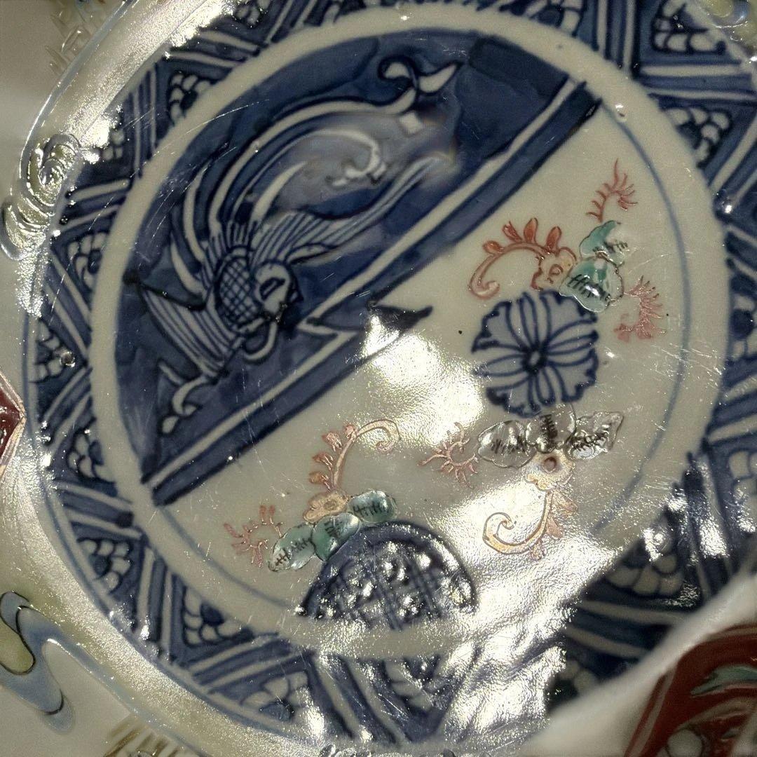 明治期 吉祥 花鳥 瓔珞紋 色絵伊万里 染付 重ね鉢 入れ子 深鉢 手彩色