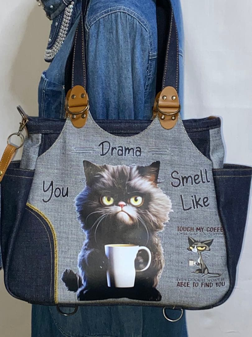 ☆ハンドメイド☆岡山デニム☆黒ネコ☆リュック対応☆4wayあおりバッグ