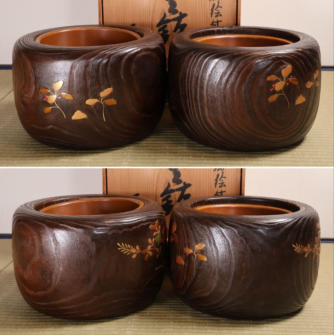 桐火鉢一対 幅31cm 菊 金蒔絵 草花 木箱 古民具 漆芸【MB263】