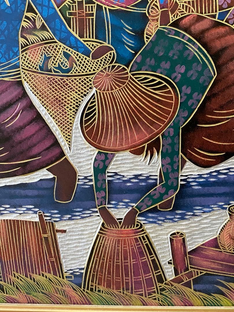 タイANEKさんの傑作　風景木彫画　金銀彩色　4人の女性の漁風景 縦約49cm
