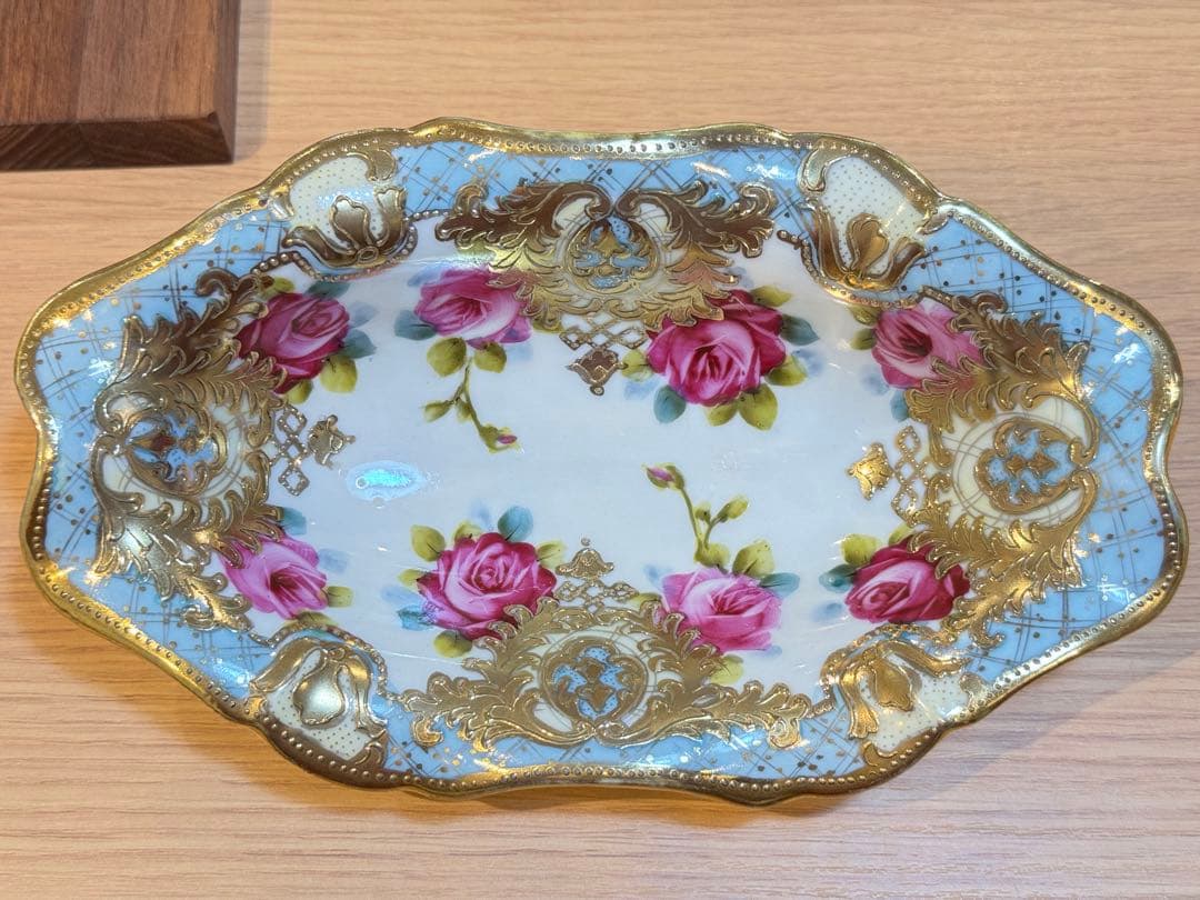 B8031【オールドノリタケ】金盛 金彩 オーバルトレイ メープルリーフ印