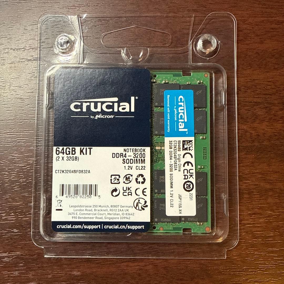 メモリー Crucial 64GB (32GBx2) DDR4-3200 SO-DIMM