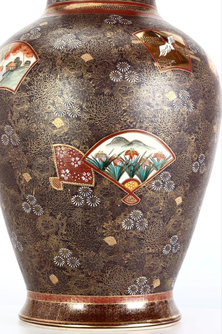 九谷連山 金襴手花詰扇面楼閣山水図 大花瓶61㎝ 色絵金彩 飾壺 古美術 骨董品