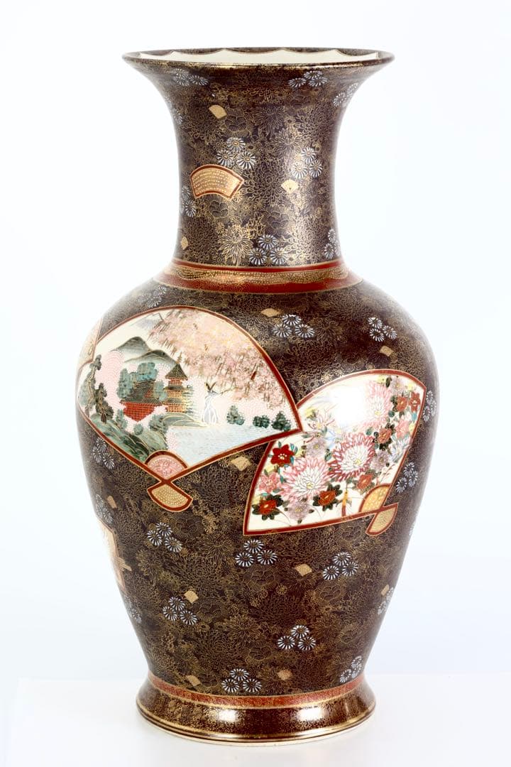 九谷連山 金襴手花詰扇面楼閣山水図 大花瓶61㎝ 色絵金彩 飾壺 古美術 骨董品