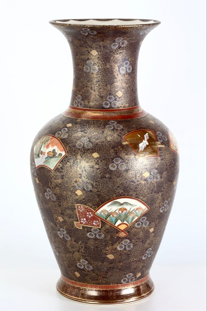 九谷連山 金襴手花詰扇面楼閣山水図 大花瓶61㎝ 色絵金彩 飾壺 古美術 骨董品