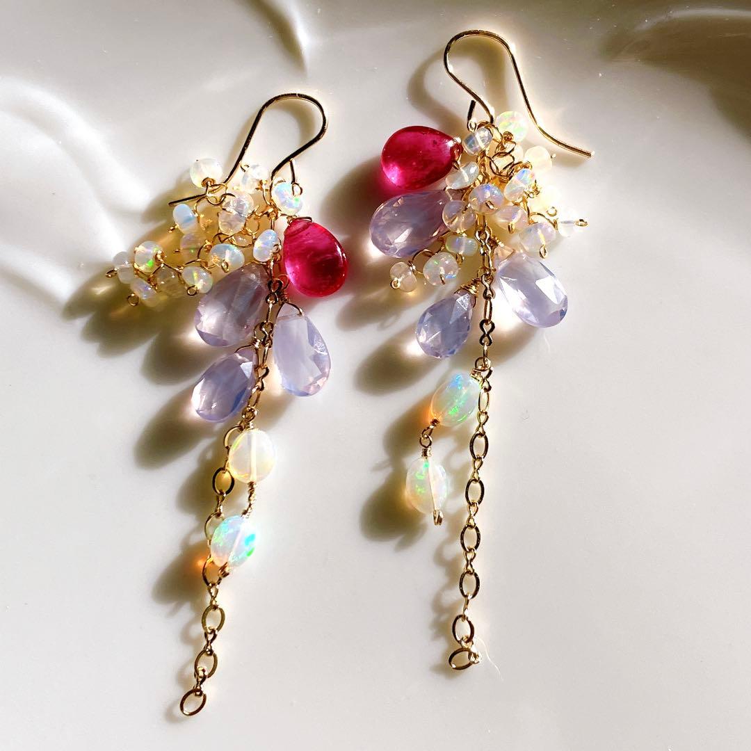 coconut◆高品質✧ルビー×スコロライト×オパールピアス✧14kgf