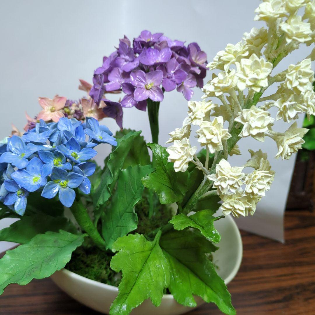パンフラワー、紫陽花5種類とトルコキキョウ(樹脂粘土、ハンドメイド)