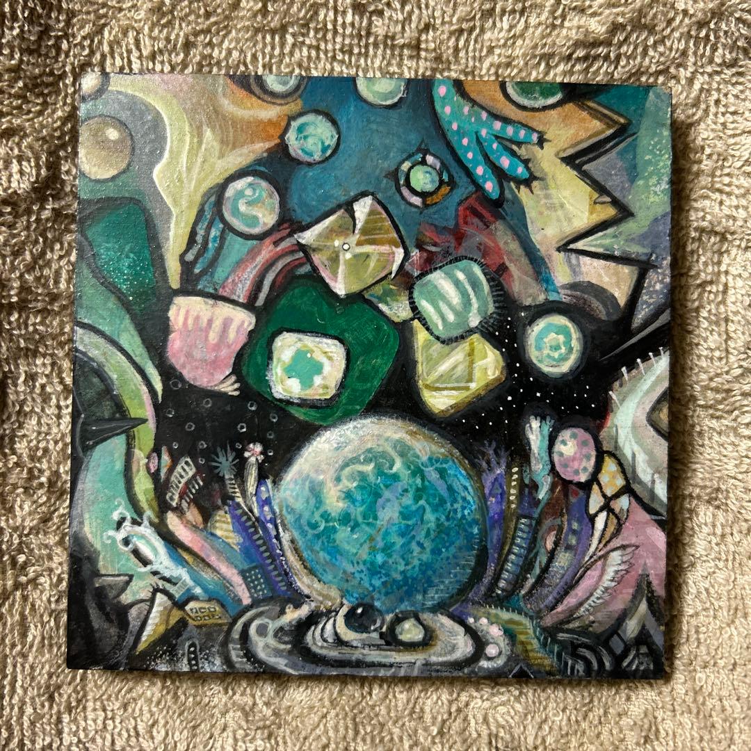 地球とビルの花　アクリル画　抽象画