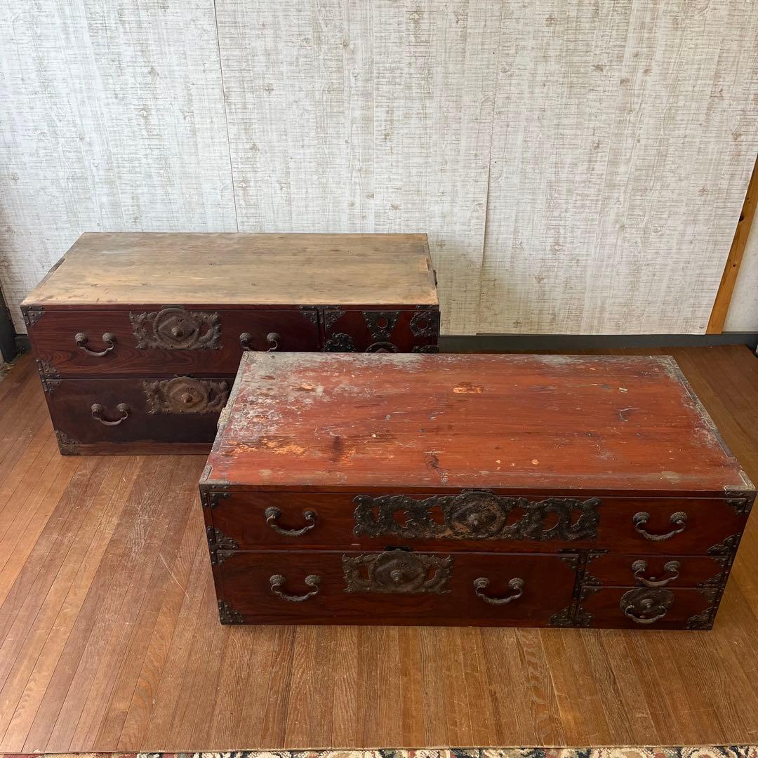 【アンティーク】昭和レトロ 木製 二分割 仙台箪笥 時代家具 和簞笥 古家具