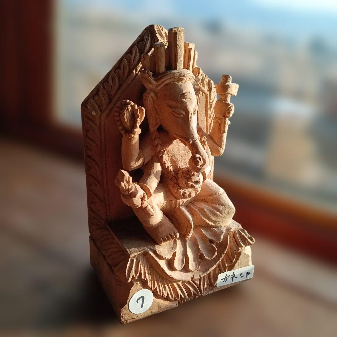 7.インドヒンズー教神木製 ガネーシャ像 約20cm、極小品