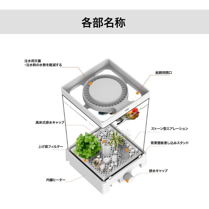 【ポンプ・ヒーター付】Fish-α1白 1.6L ベタ用水槽 LEDライト付き