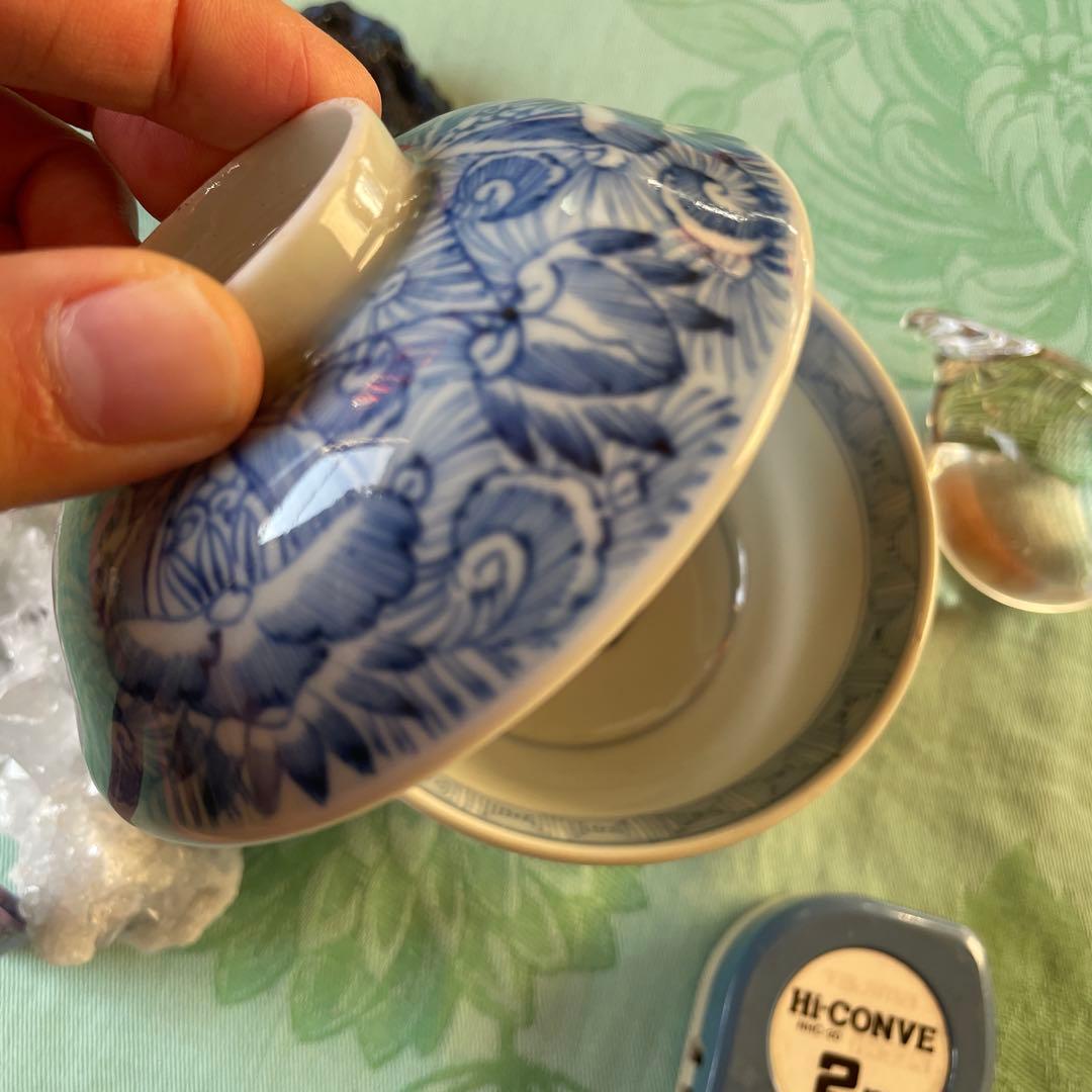 古伊万里　染付　花弁紋　蓋付ご飯茶碗