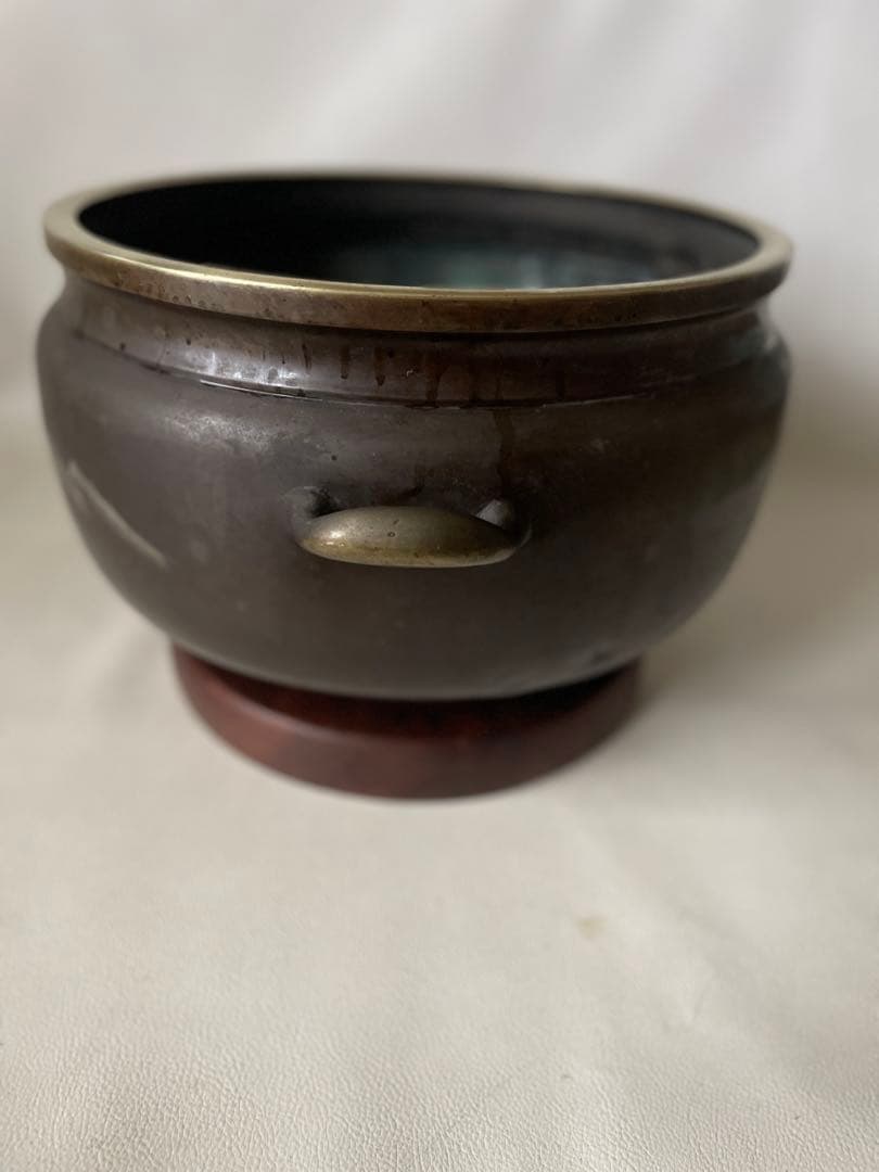 火鉢 手炙り 木製台座付き 真鍮製 山水図 古民具 中古品 2