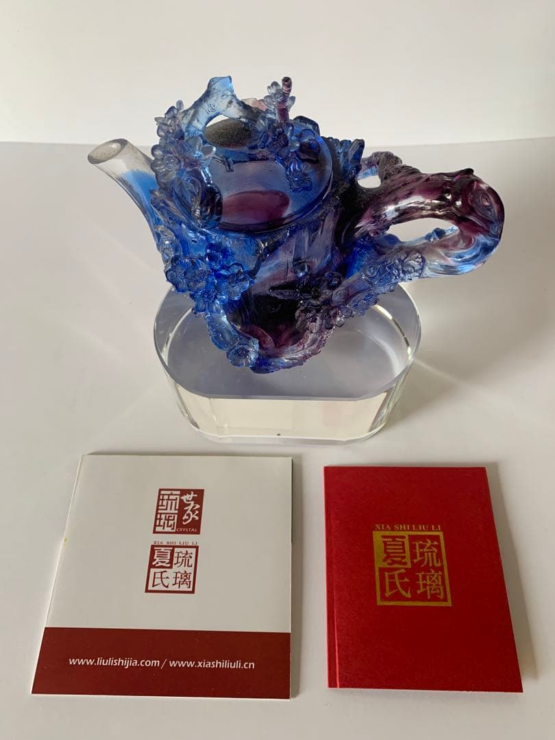 美品 中国美術 ガラス工芸 琉璃夏史 急須型置物 箱付き アンティーク オブジェ