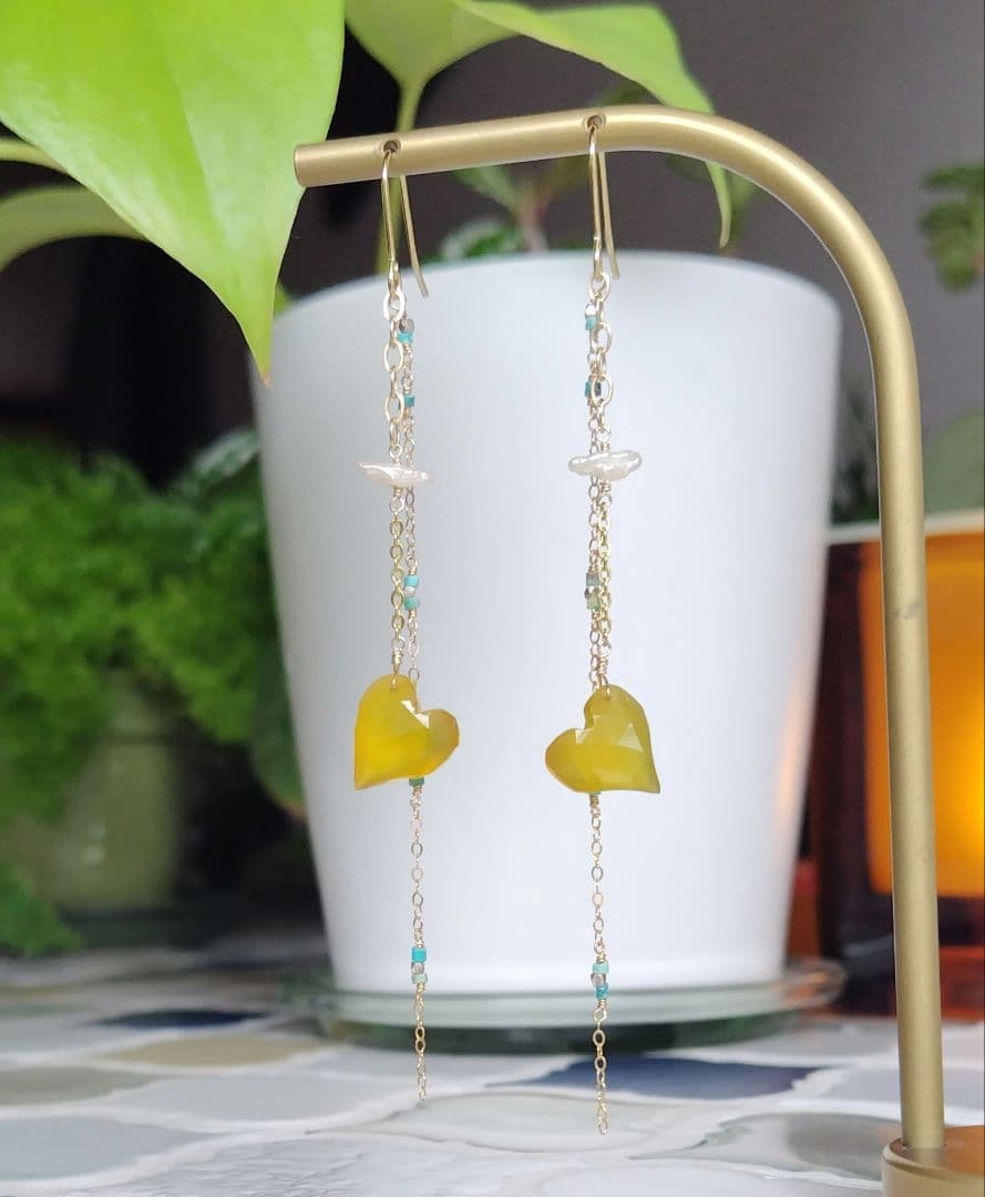 14kgf　ハニーイエロー+シュワシュワ淡水＆ターコイズ+カレンの春来い！ピアス