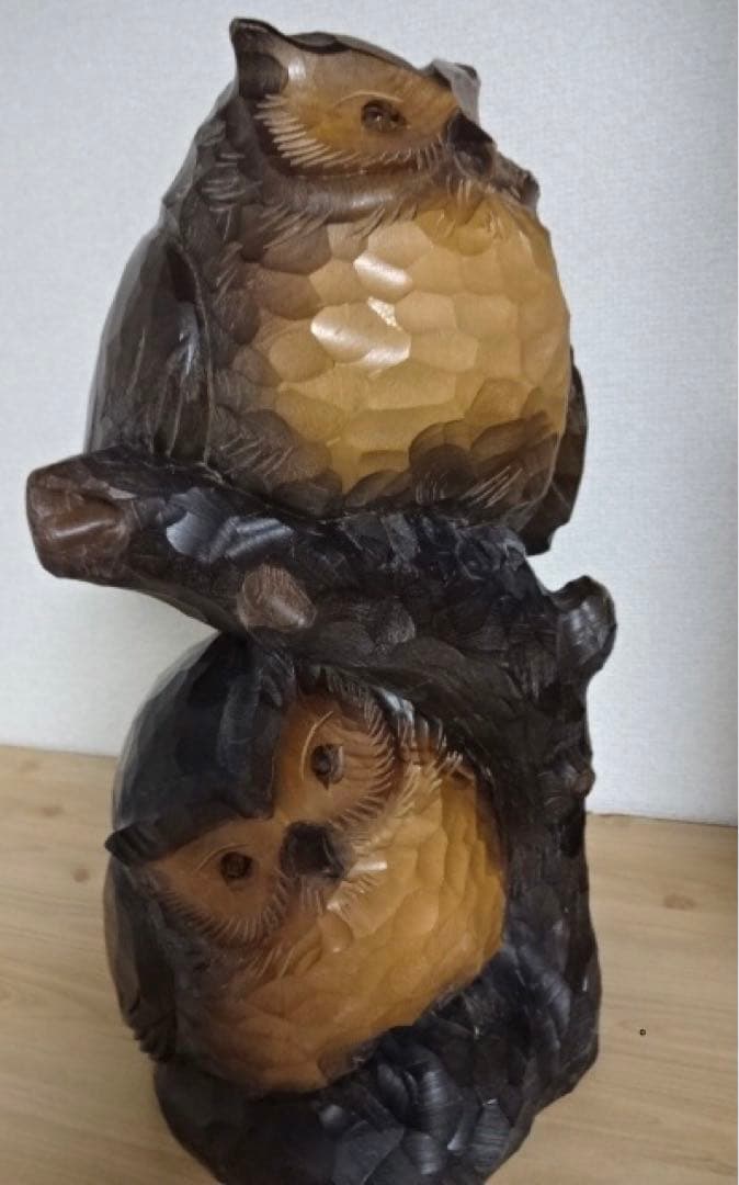 梅原作 フクロウ　夫婦 梟 木彫り 彫刻 工芸品 木製 つがい