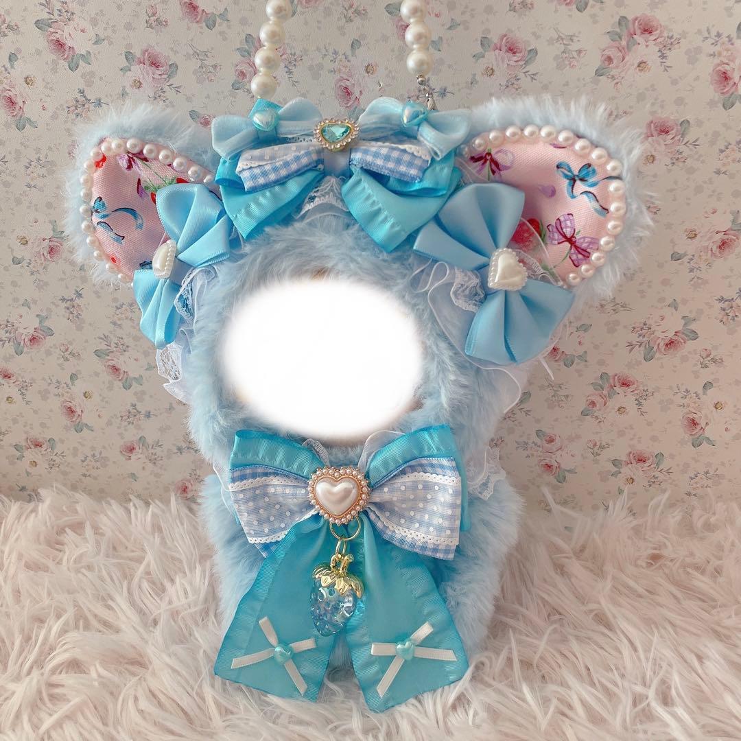 １６cm立ちぬい服♡イチゴ柄韓国風ロリータゆめかわ姫系♡くまの着ぐるみ♡水色