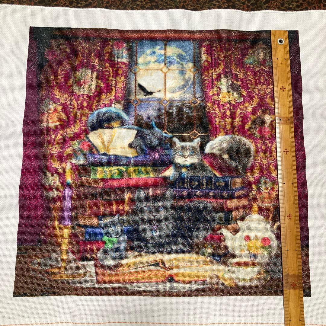 猫と本の風景 刺繍作品 クロスステッチ完成品