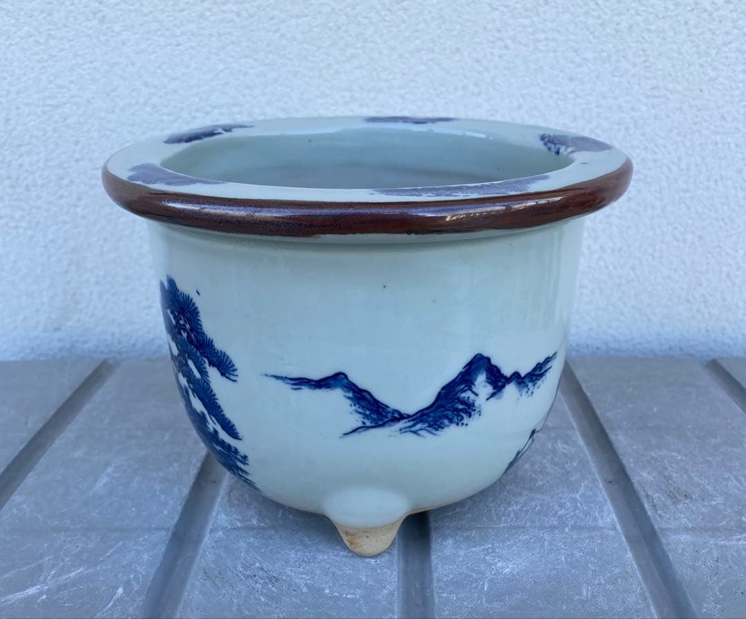 新品 瀬戸焼 染付け 大型 丸形 植木鉢 盆栽鉢