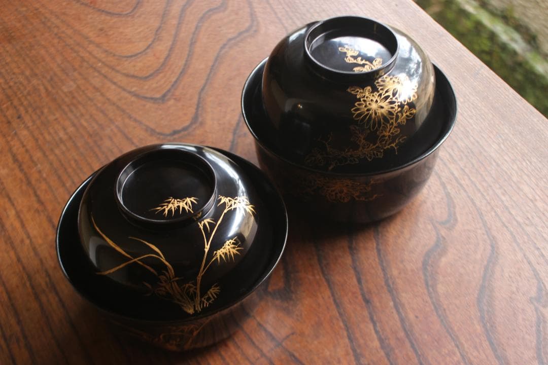 時代逸品！端正な時代黒漆に極上菊蘭蒔絵の映える四つ椀（検懐石道具蒔絵椀茶道具