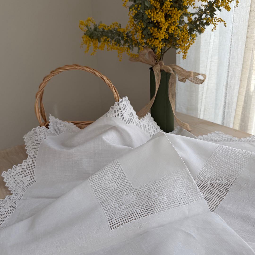 ドロンワーク刺繍 リネンテーブルクロス　ヴィンテージ