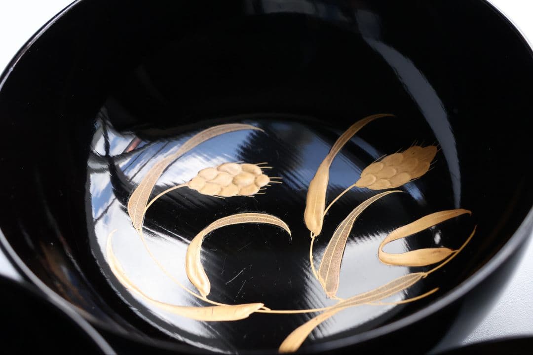 【MB280】輪島塗 天然木漆塗 粟穂鶉金蒔絵 黒塗椀 五客 鳥 漆芸 木製漆器