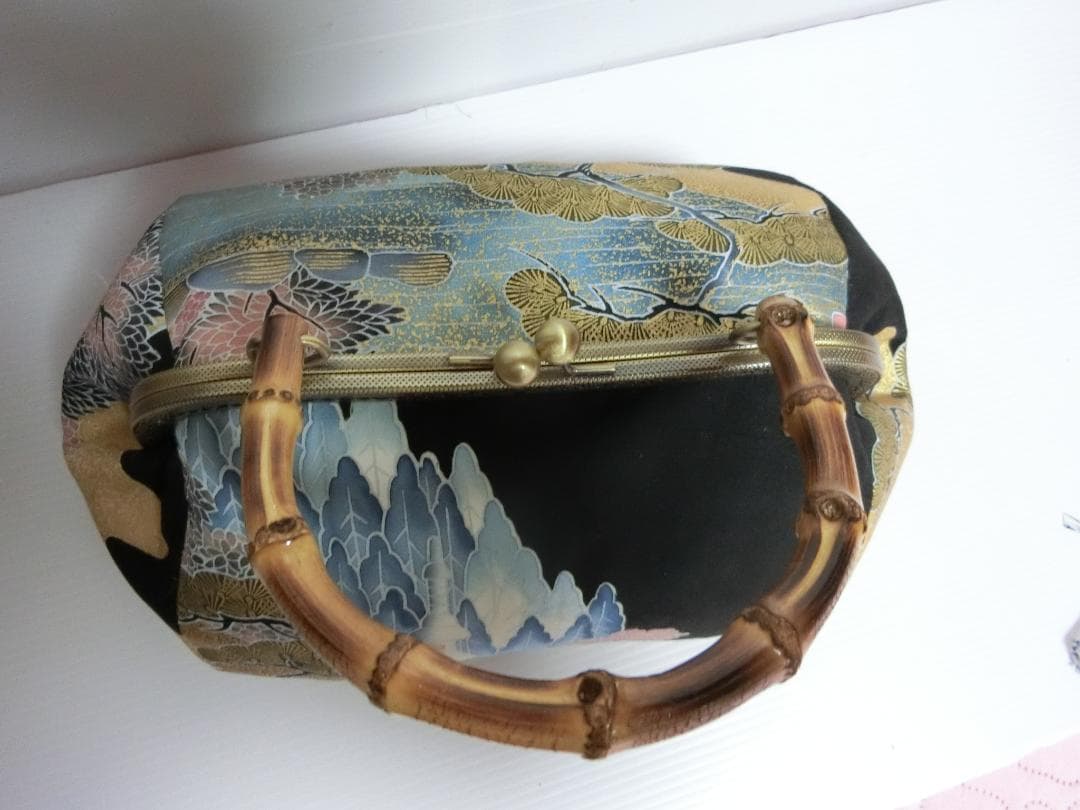 ハンドメイド バンブー 持ち手 がま口 ハンドバッグ 着物地