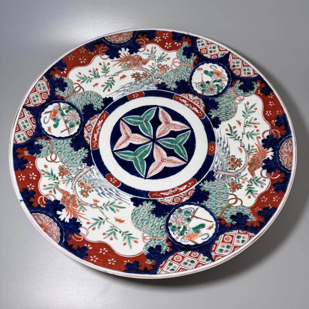 古伊万里　色絵花鳥図大皿　一尺八寸　直径55cm　圧倒底な存在感◎　送料無料！