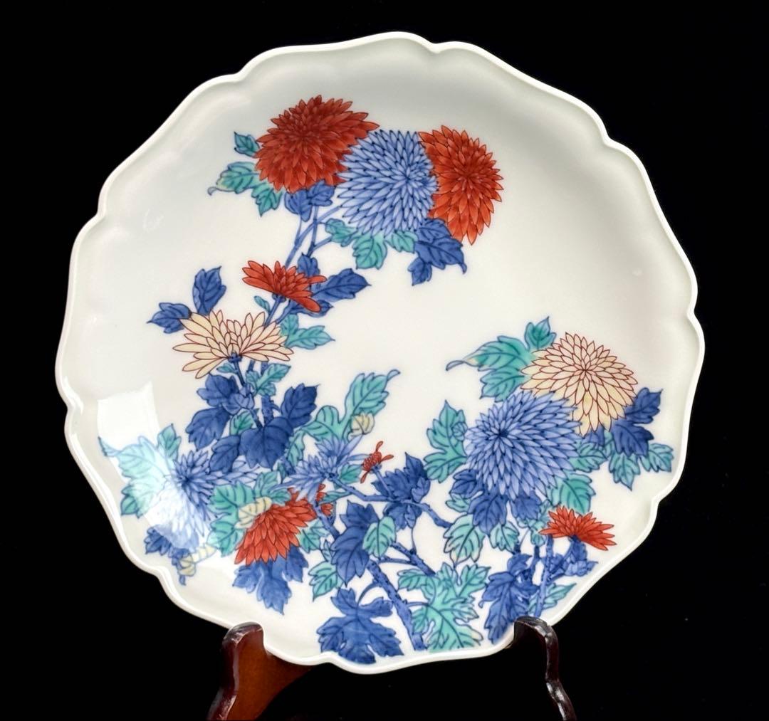 【未使用】十三代【今泉今右衛門】作 色鍋島菊絵額皿 共箱栞付 R831130
