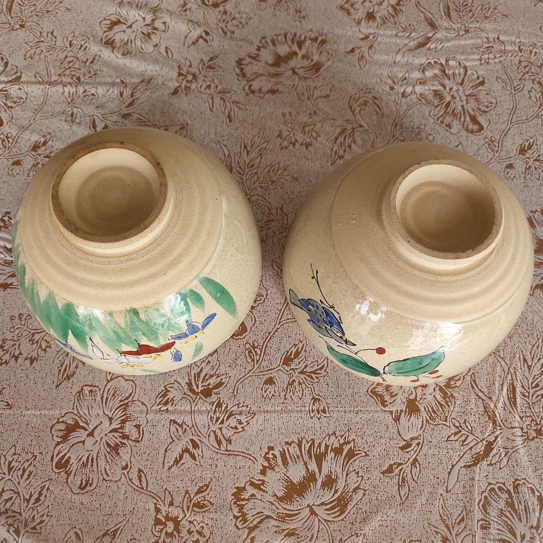 茶器　茶道　茶碗　手書き　ご飯茶碗　鳥　花　草　ベージュ系　大きめ　2個セット