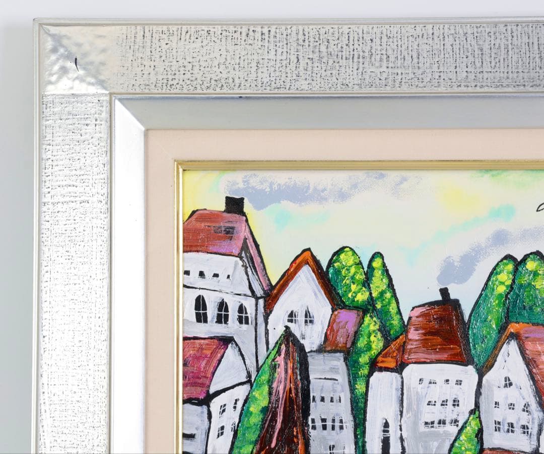 新藤淑子「静かな町」キャンバス作品 額装 絵画 風景画 サイン有 美術品 アート