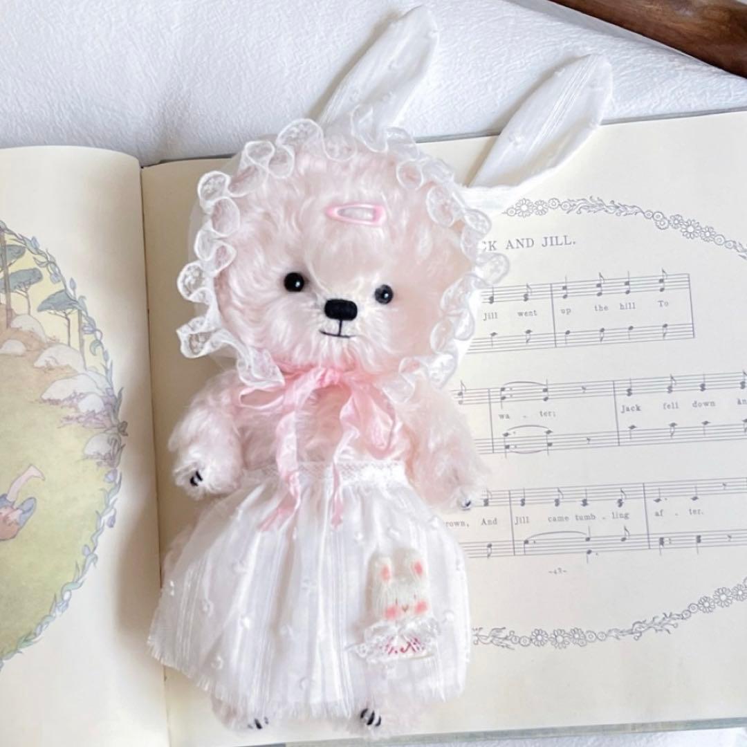 うさみみ帽子のピンク仔熊 テディベア ぬいぐるみ 海外作家様 ハンドメイド くま