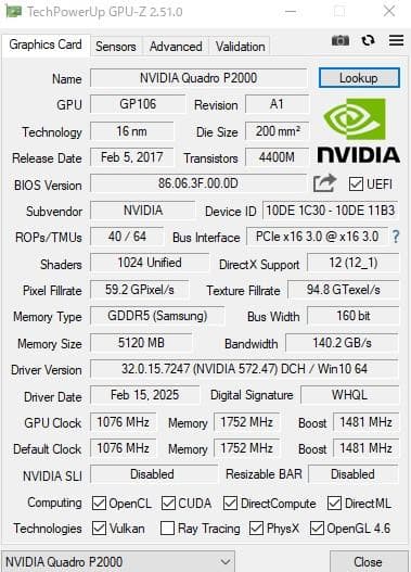 Quadro P2000 5GB 動作確認済み 1018