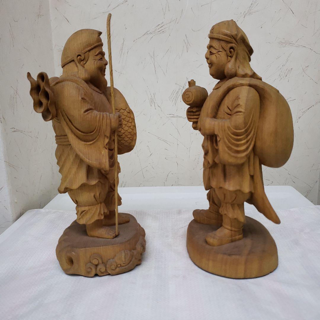 蔵出し特価風水縁起物木製恵比寿大黒像 2体セット展示物 高27cm神棚の脇に最適