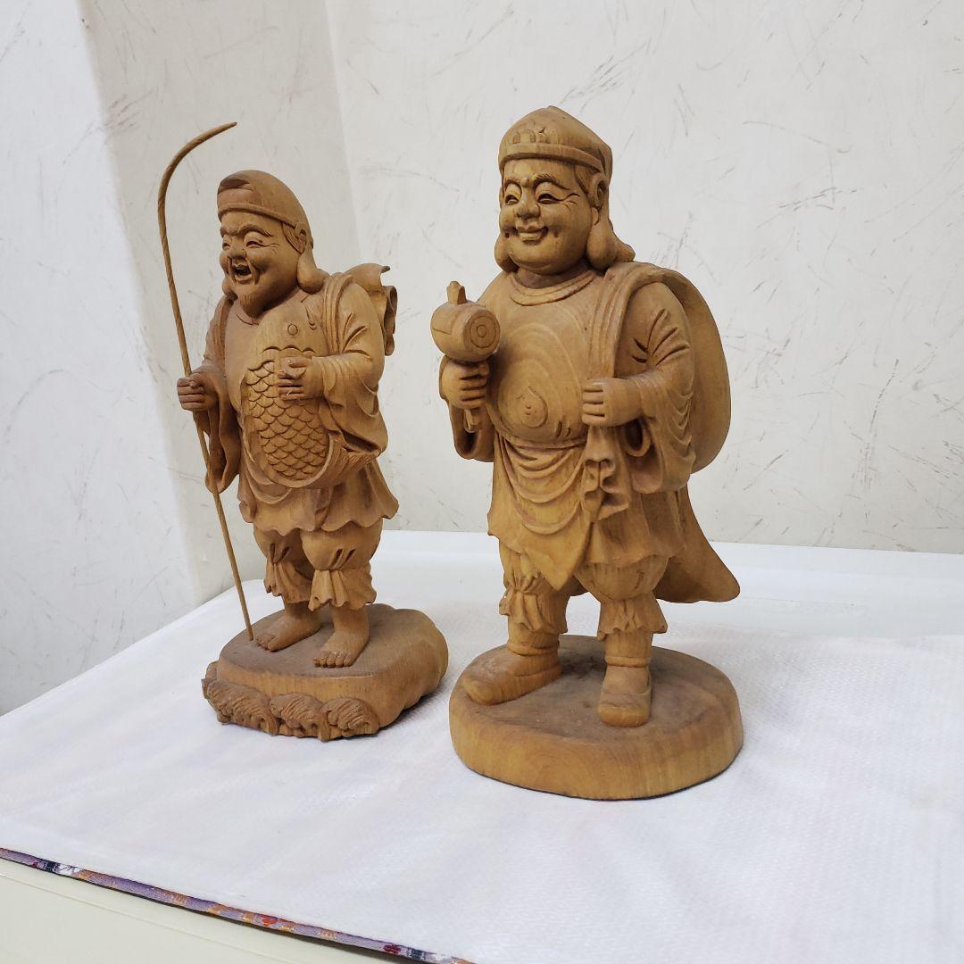 蔵出し特価風水縁起物木製恵比寿大黒像 2体セット展示物 高27cm神棚の脇に最適