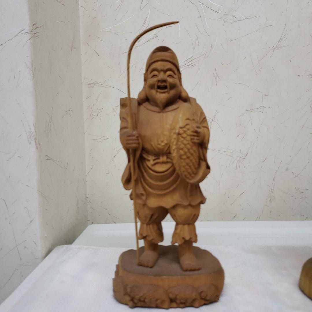 蔵出し特価風水縁起物木製恵比寿大黒像 2体セット展示物 高27cm神棚の脇に最適