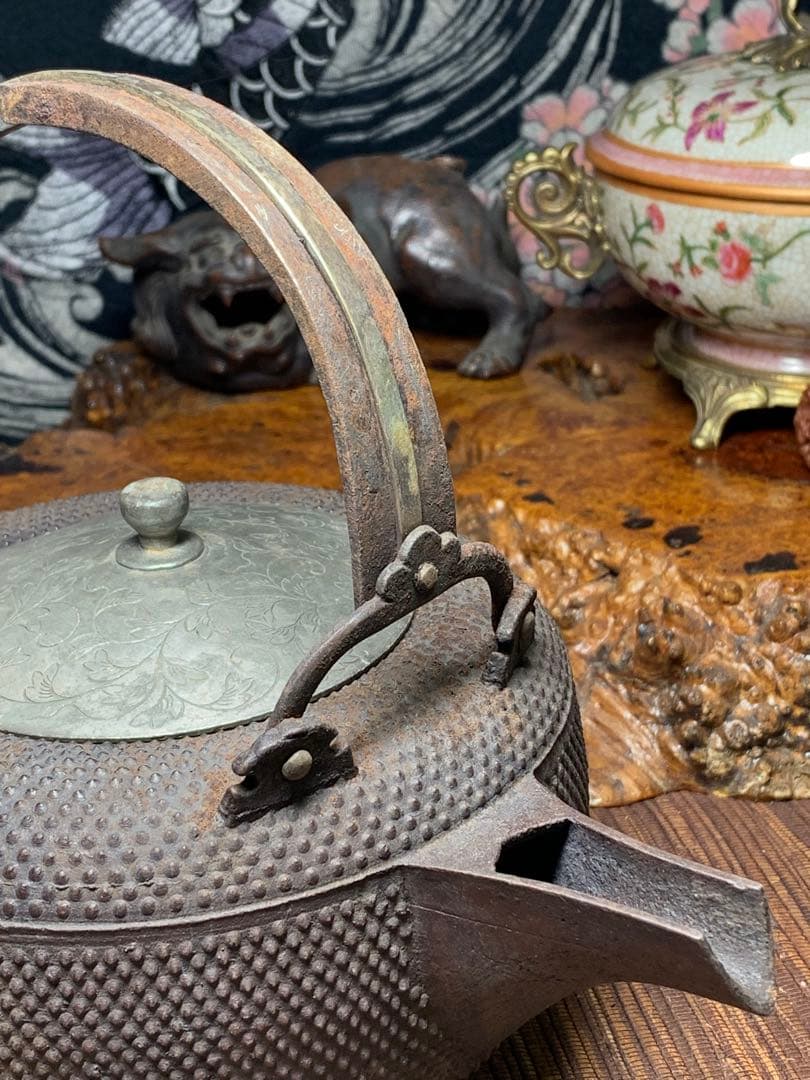 鉄製 鐵嵌銀 錫蓋 銚子 酒次 酒器 酒注 薬缶 時代物 網目模様 鉄瓶