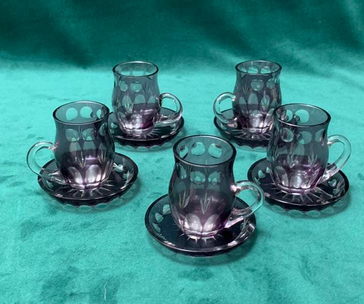 杉柾目箱入り伝統工芸品、江戸切子、ウイスキーグラス／ソーサーの5点セット