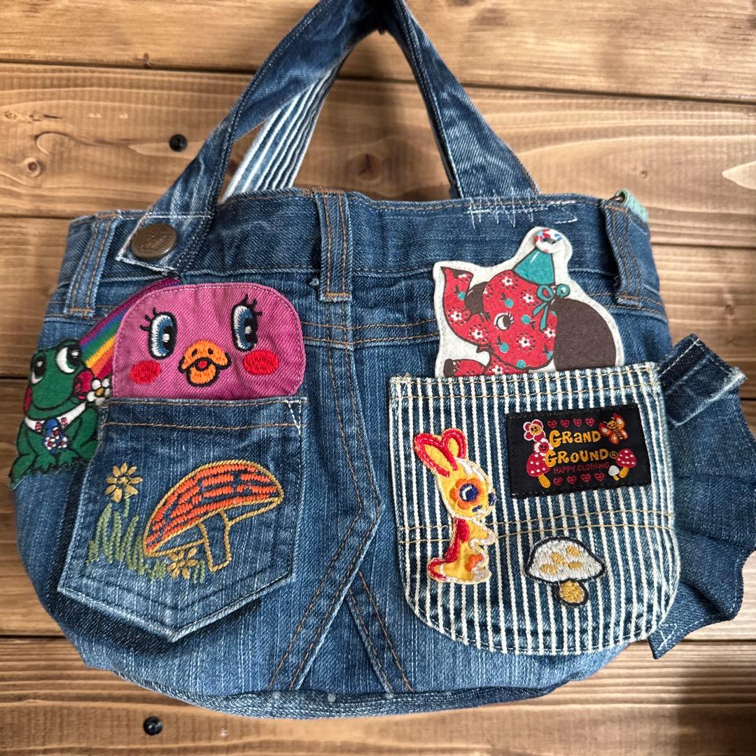 ハンドメイド デニムリメイク バッグ レトロアニマル 楕円底 16