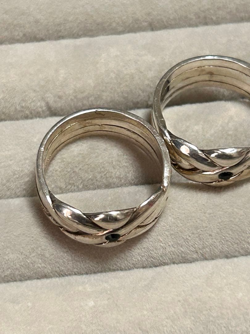 ハンドメイド シルバー 指輪 3個セット 黒色・赤色の石付き　18g