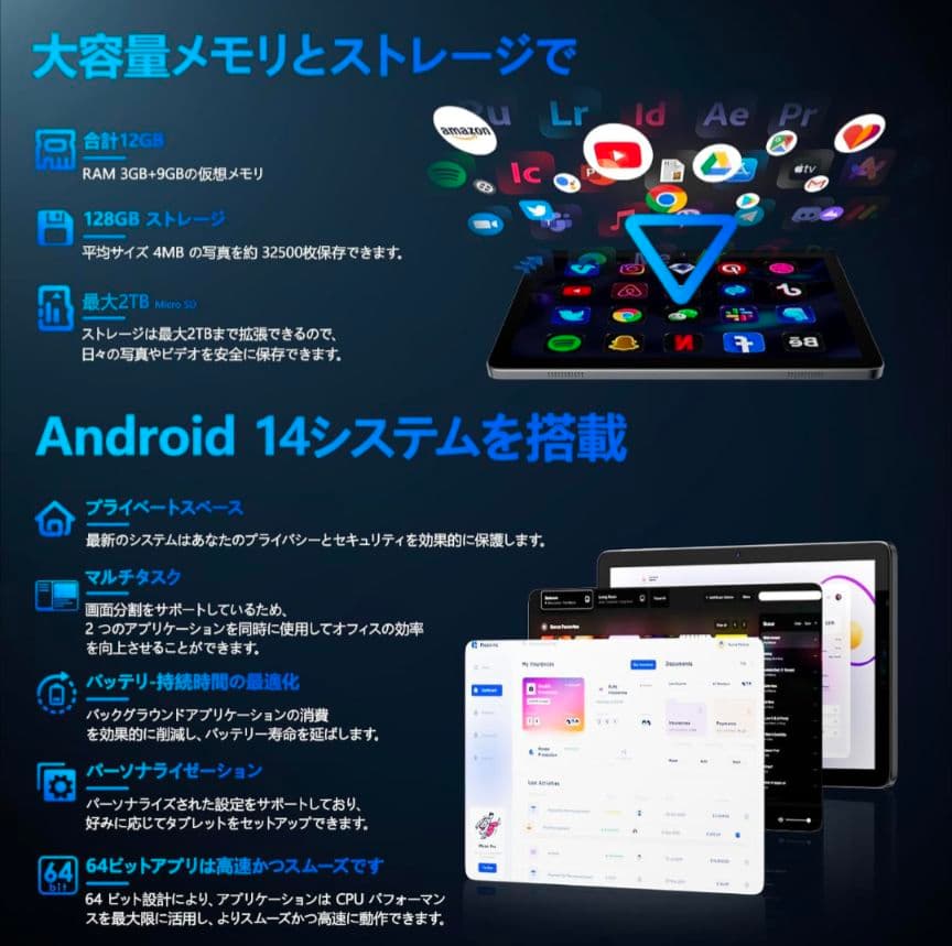 83Android14 タブレット 10インチ 12GB+128GB+2TB拡張