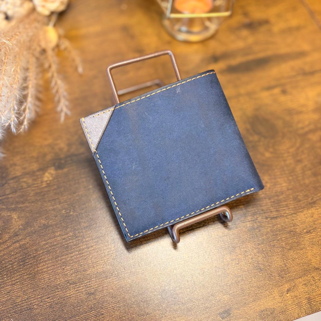 二つ折り財布　レザークラフト　ハンドメイド　本革　ブラウン　ブルー