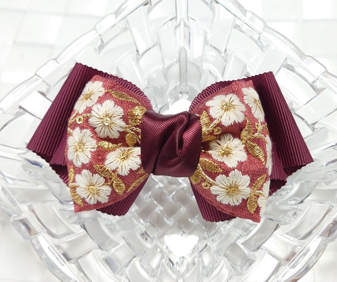大人可愛いリボンヘアゴム☆インド刺繍リボン×ペタシャムリボンP74