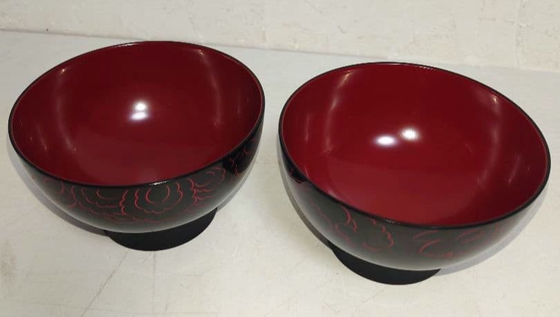 【セット】越前漆器 沈朱牡丹彫 黒内朱 汁物椀 越前塗 伝統的工芸品指定 お椀