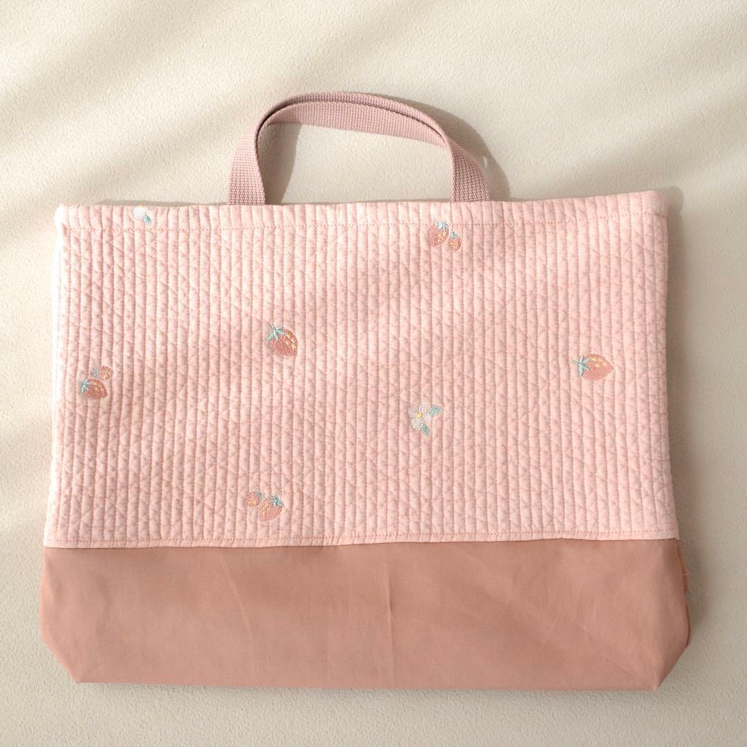 イチゴ刺繍ヌビ×フリル　入園入学3点セット/レッスンバッグ 上履き入れ 体操着袋