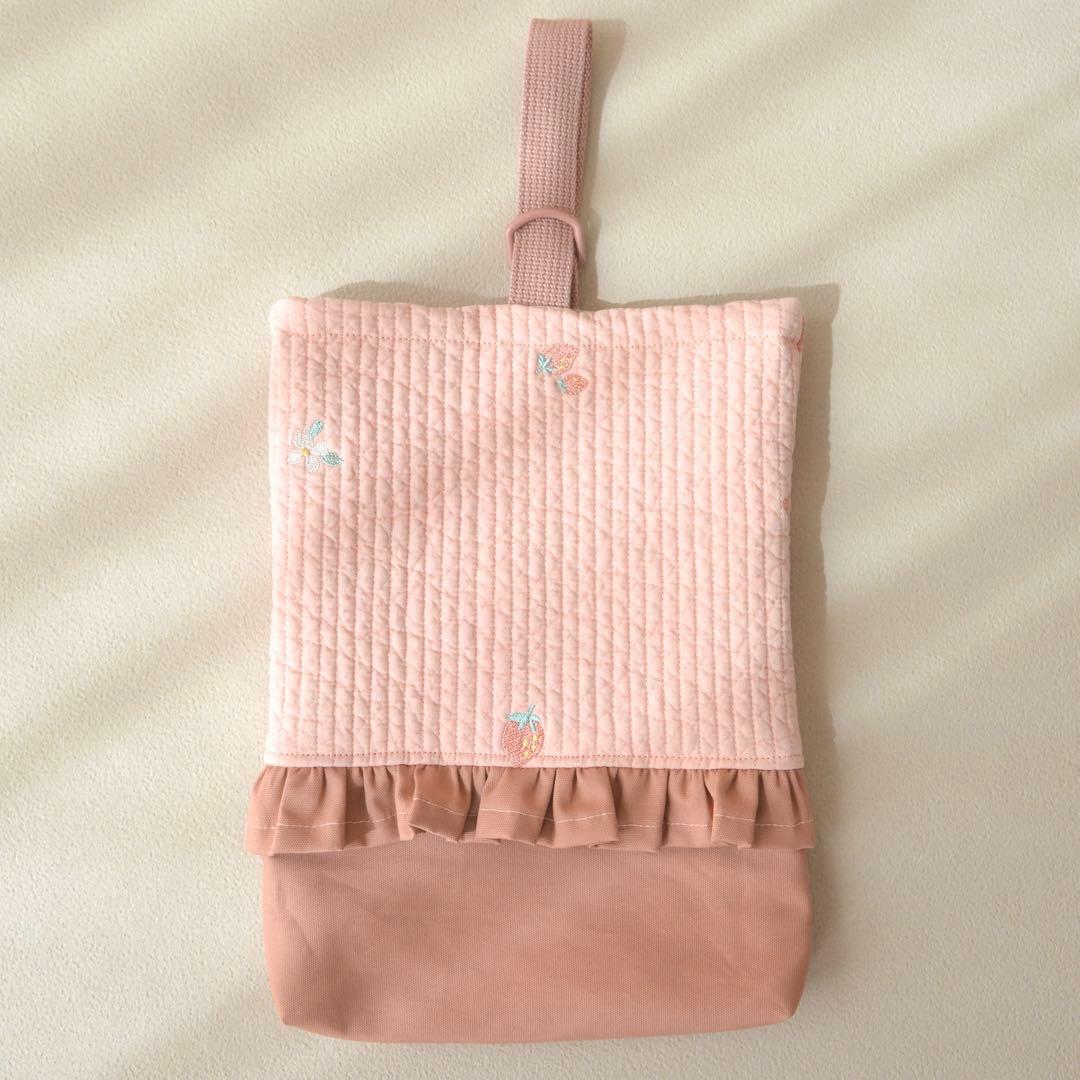 イチゴ刺繍ヌビ×フリル　入園入学3点セット/レッスンバッグ 上履き入れ 体操着袋