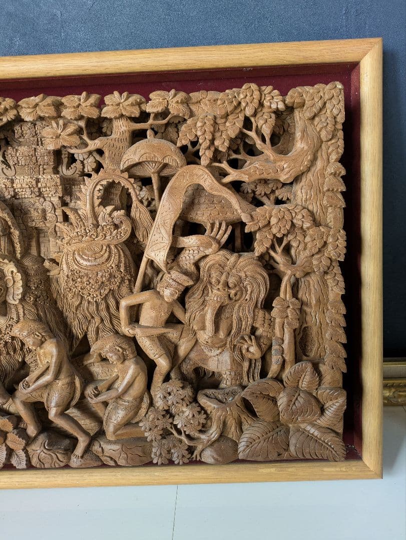 特大芸術！邪を払う福を招く守護神 バリ インドネシア 木彫レリーフ アート ヨガ