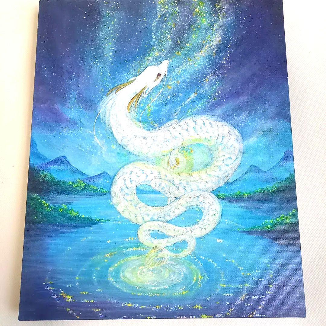 No.480 キャンバスＦ3 　原画　白龍　龍神　開運絵画　アクリル画　龍神絵画