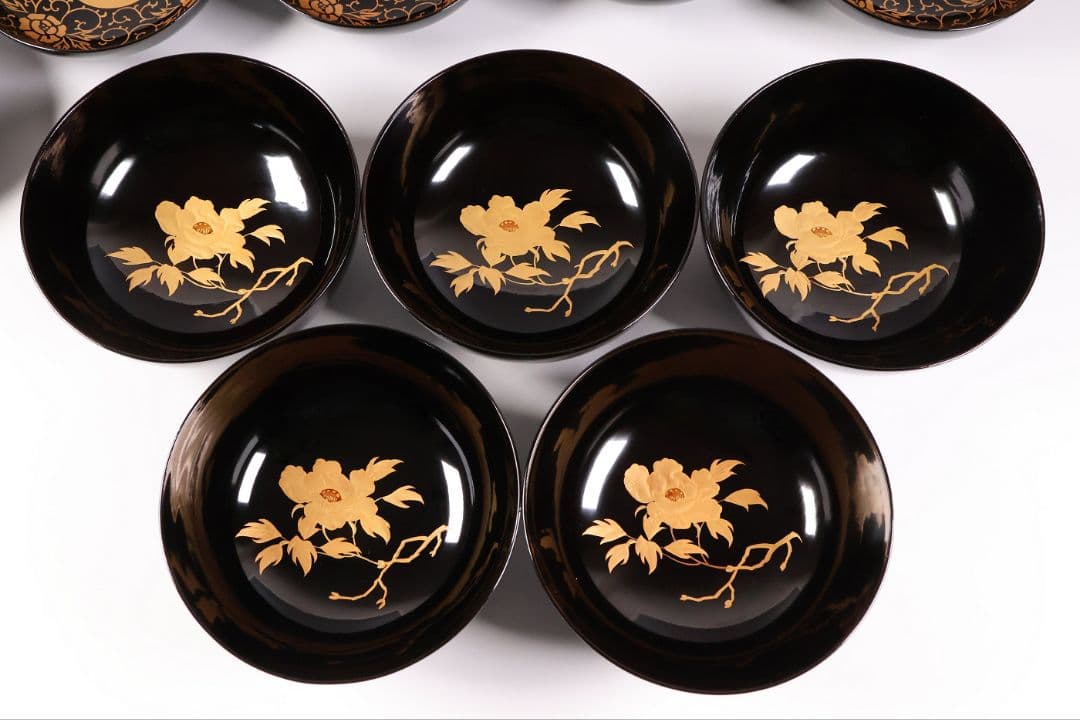 【CM432】天然木漆塗 獅子牡丹唐草金蒔絵 黒塗椀 五客 / (検) 輪島加賀