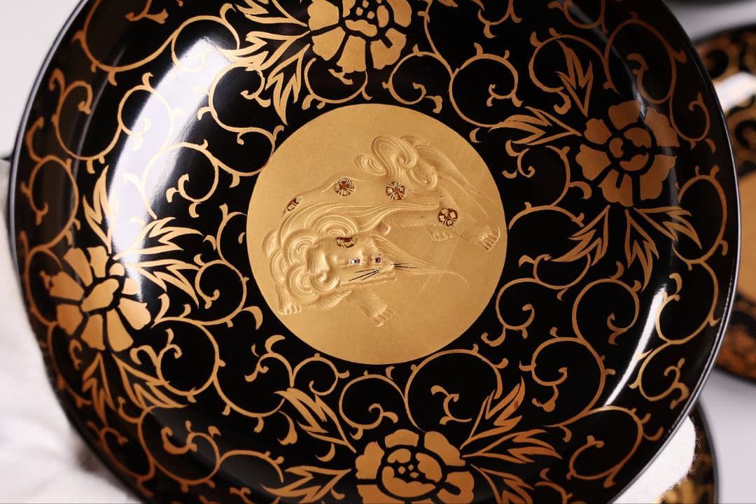 【CM432】天然木漆塗 獅子牡丹唐草金蒔絵 黒塗椀 五客 / (検) 輪島加賀